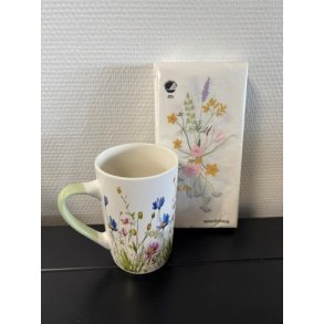 Krus med blomster og gr�n hank samt servietter fra Speedtsberg - Tinashjem