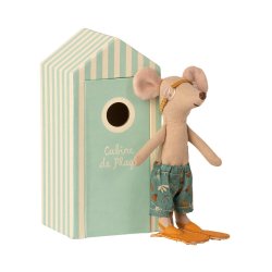 Maileg Beach mice big brother in Cabin de Plage med sv�mmef�dder - Tinashjem