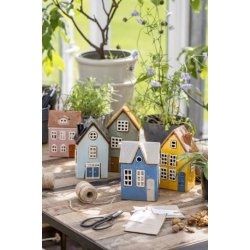 Hus til fyrfadslys Nyhavn hus med bl� d�r fra Ib Laursen i vindue - Tinashjem