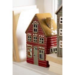 Hus til fyrfadslys Thorshavn r�d facade fra Ib Laursen i vindue - Tinashjem