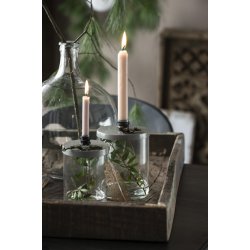Holder glas med metall�g til bedelys fra Ib Laursen med t�ndt stearinlys - Tinashjem